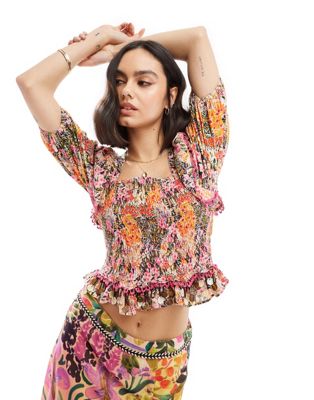 smock top with embellished trim in floral - part of a set-Multi