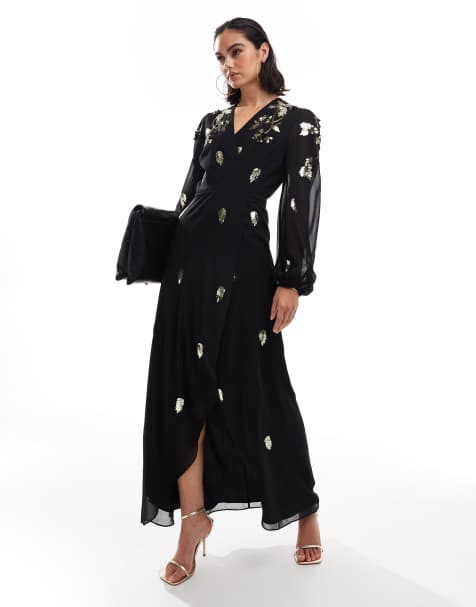 Hope & Ivy - Sort maxikjole med slå-om-design foran og guldfarvede udsmykninger - view 1