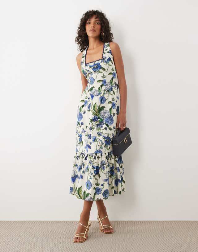 blue and white floral halter dress Hope & Ivy square neck midi with tie back in Halter neck