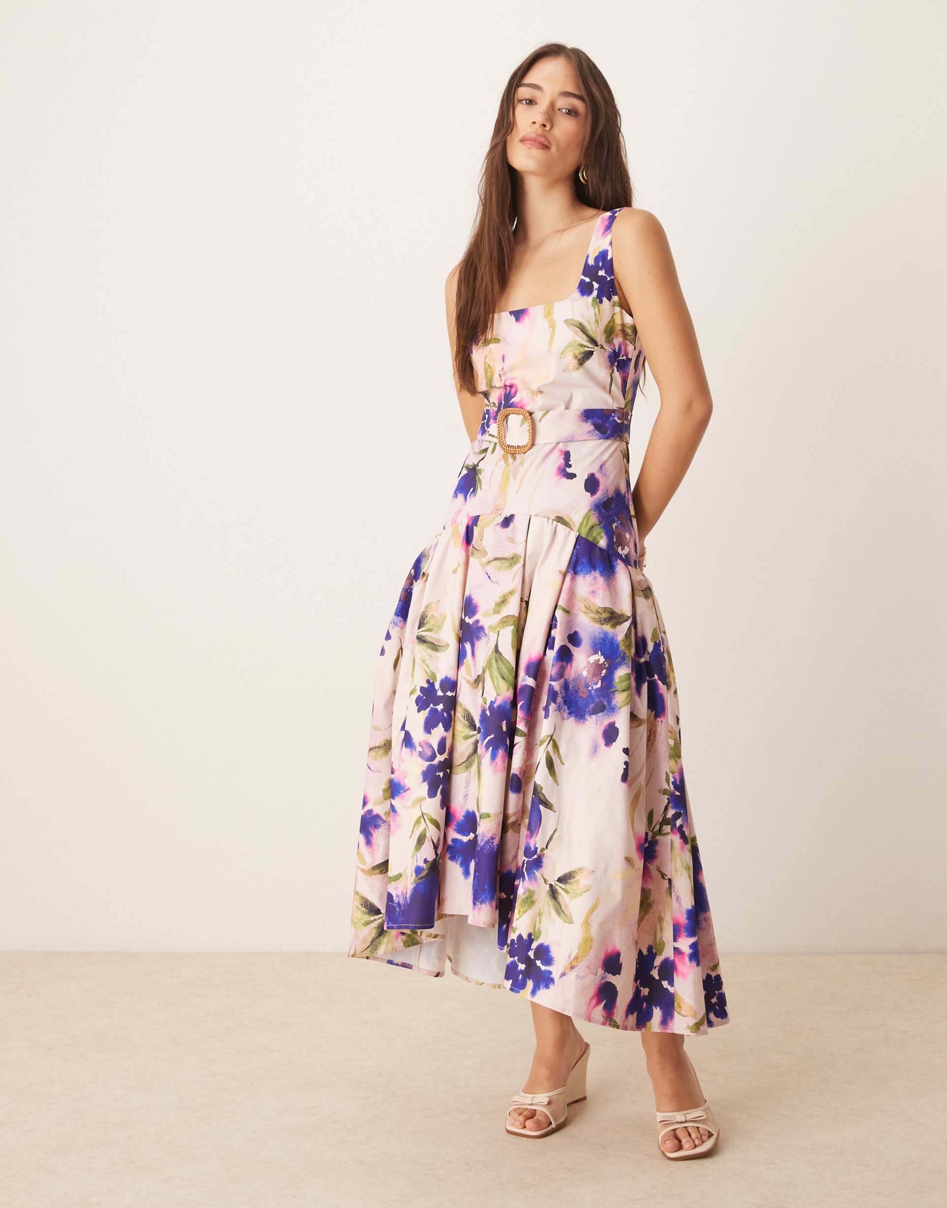 hope & ivy square neck dropped waist midi dress in purple floral