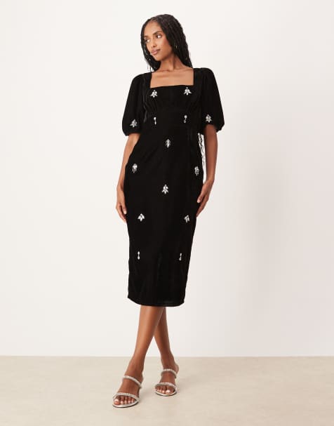 Hope & Ivy square neck embellished velvet midi dress in black - view 1