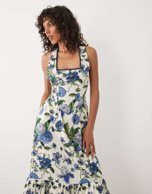 Hope & Ivy square neck halter neck midi dress with tie back in blue floral, 2 of 4
