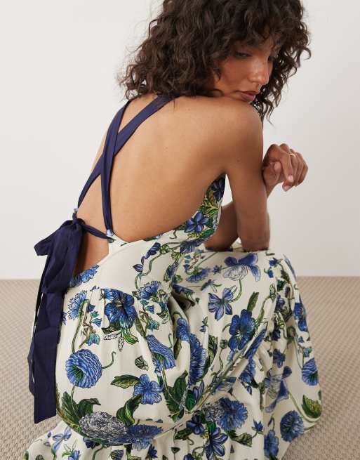 Hope & Ivy square neck halter neck midi dress with tie back in blue floral, 3 of 4