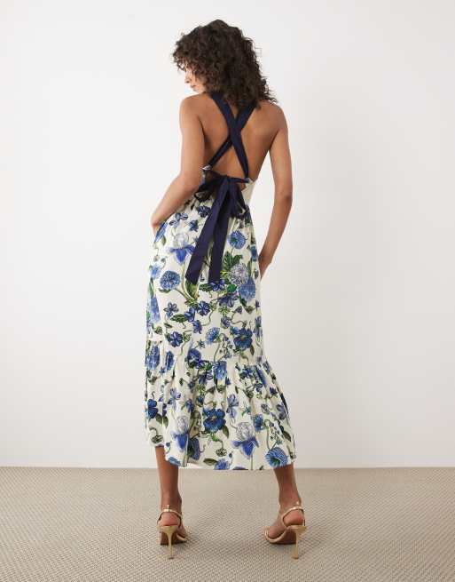 Hope & Ivy square neck halter neck midi dress with tie back in blue floral, 4 of 4