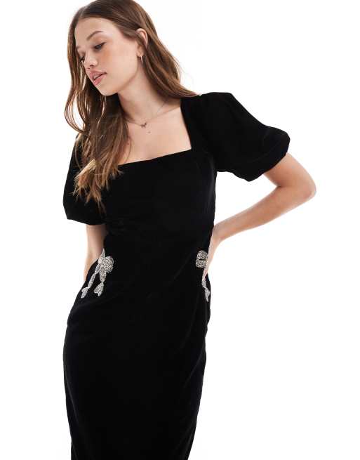 Hope Ivy square neck velvet midi dress with embellished bows in black