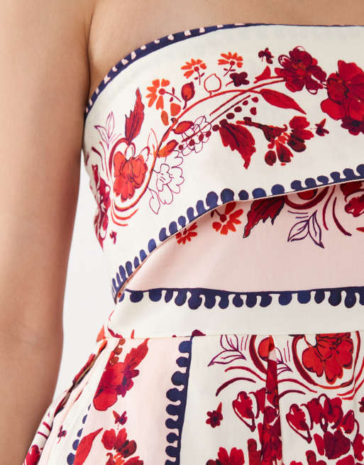 Hope & Ivy strapless bandeau contrast floral panel midi dress in pink print, 3 of 4