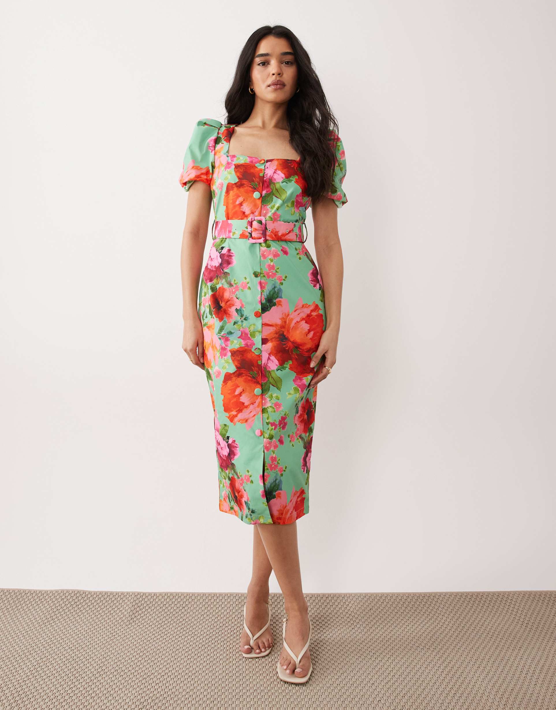 hope & ivy stretch square neck belted midi dress in green floral