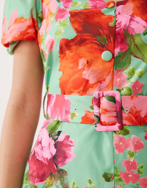 Hope & Ivy stretch square neck belted midi dress in green floral, 4 of 4