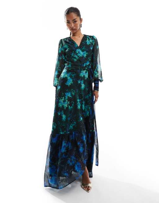 Hope & Ivy – Sukienka maxi z kopertowym przodem w dwóch odcieniach zieleni w niebieski wzór 