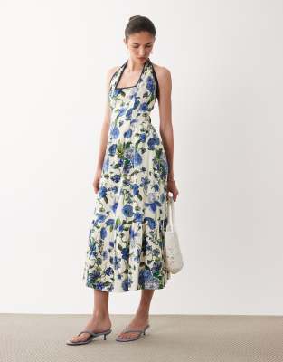 Hope & Ivy Sweetheart Halter Neck Midi Dress With Tie Back In Multi