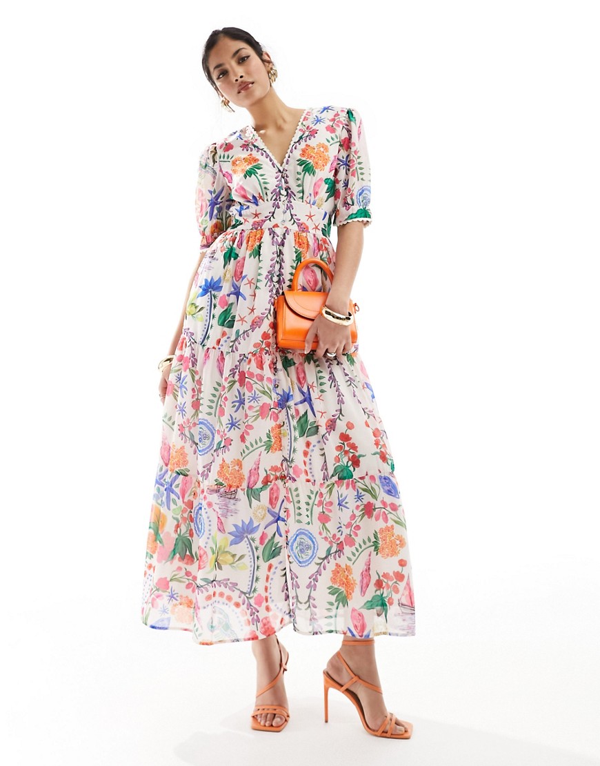 Hope & Ivy tea midi dress in bright patchwork print-Multi