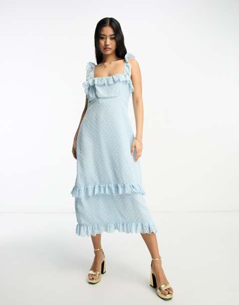 Hope & Ivy textured spot frill midi dress in duck egg blue - view 1