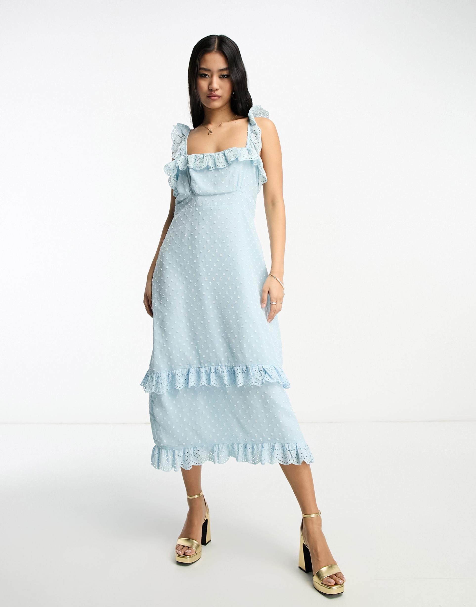 hope & ivy textured spot frill midi dress in duck egg blue