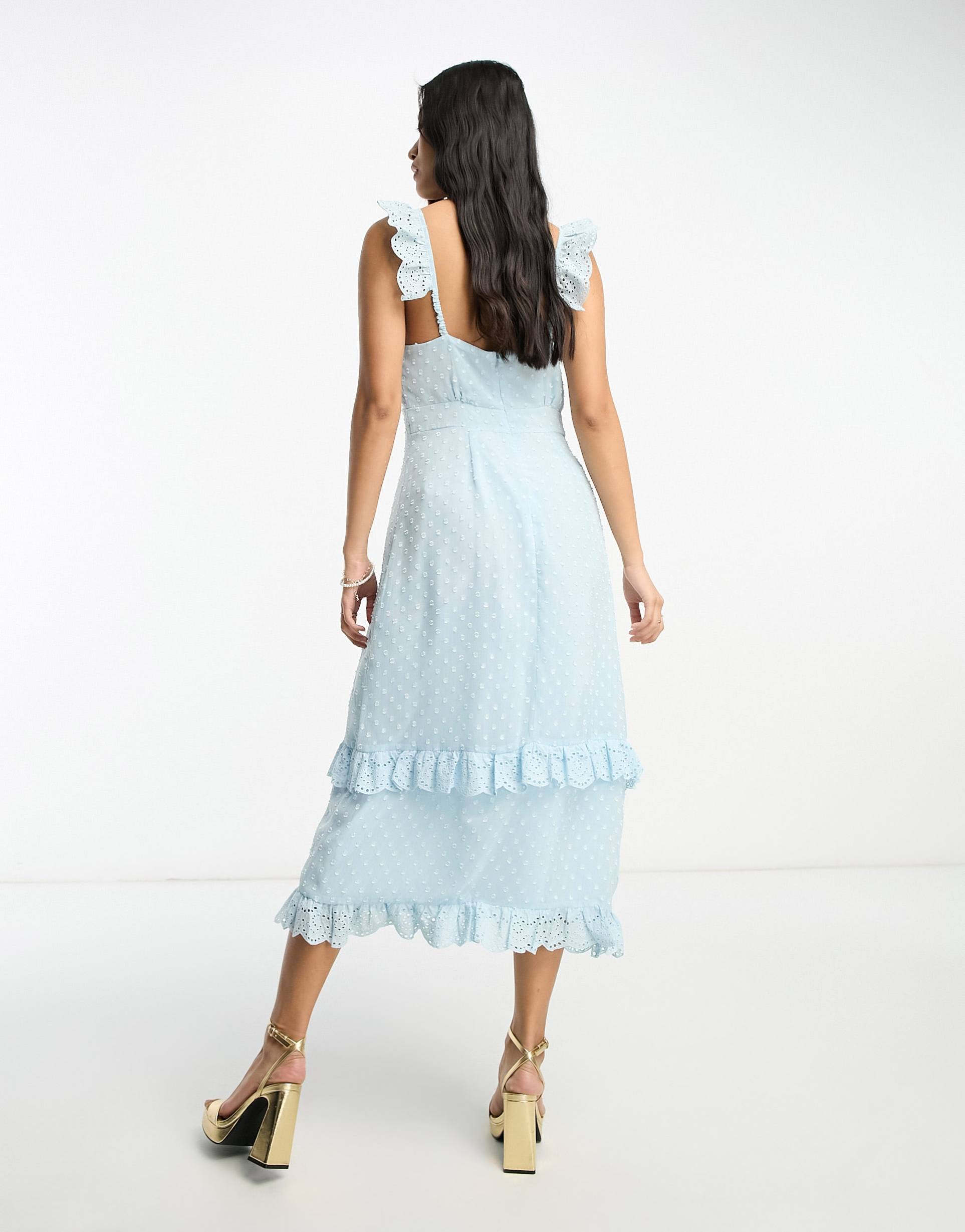 hope & ivy textured spot frill midi dress in duck egg blue