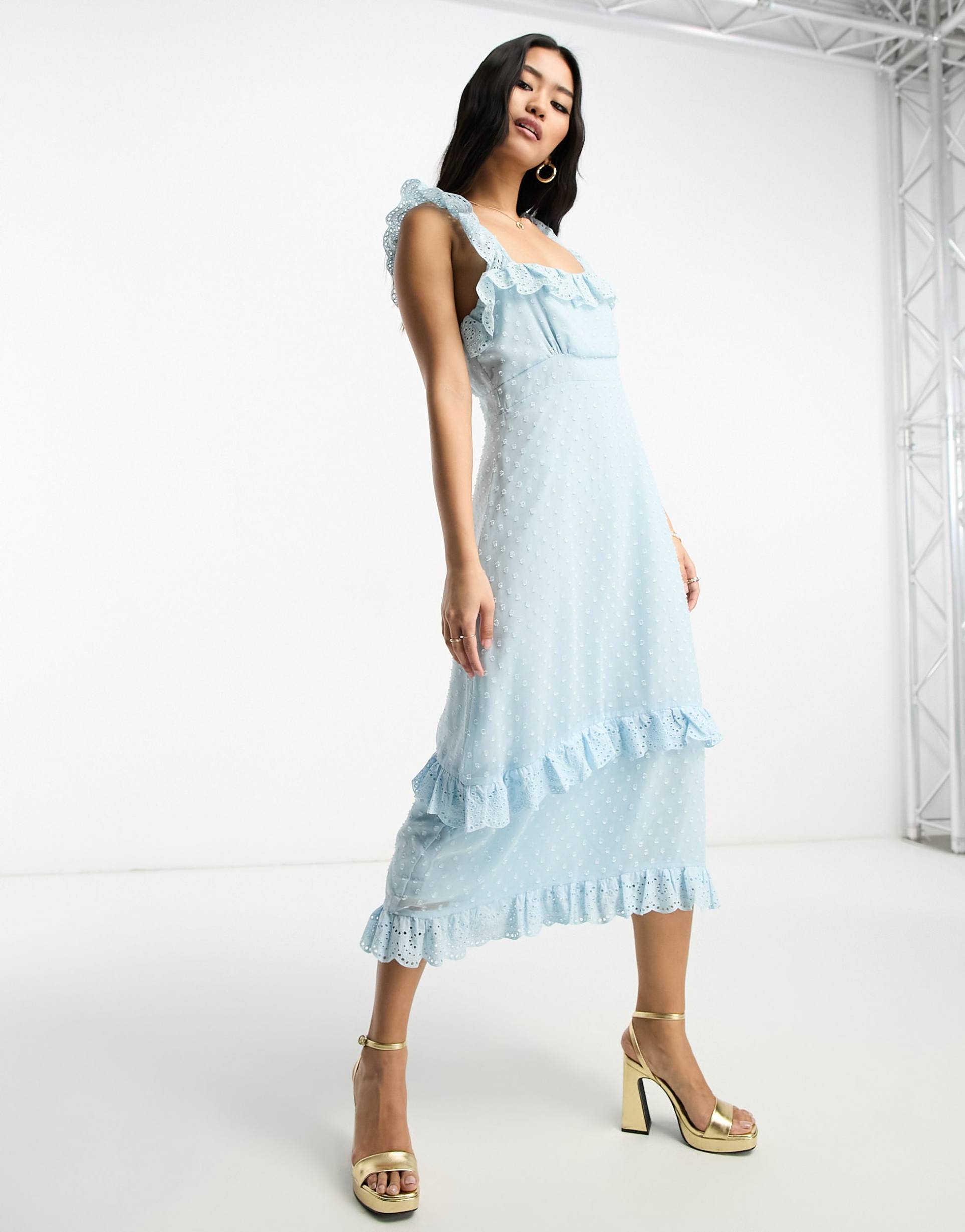 hope & ivy textured spot frill midi dress in duck egg blue