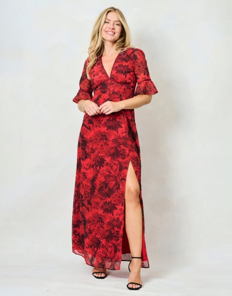 Hope & Ivy The aaliyah frill sleeve thigh split open back maxi dress with lace trim in red multi - view 1