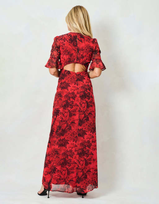 Hope & Ivy The aaliyah frill sleeve thigh split open back maxi dress with lace trim in red multi, 2 of 4