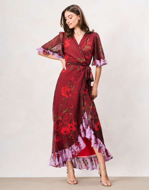 Hope & Ivy The aloe contrast frill maxi wrap dress with tie waist in red and purple - view 1