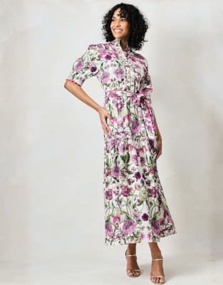 Hope & Ivy The angela button front midi dress with tiered skirt and tie waist in white and pink-Multi