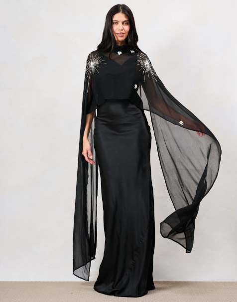 Hope & Ivy The annaka satin cowl neck maxi dress with detachable embellished cape in black - view 1