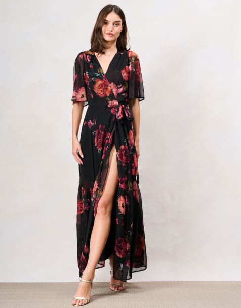 Hope & Ivy The anne-marie flutter sleeve maxi wrap dress with tie waist in black pink multi - view 1