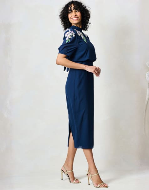 Hope & Ivy The aria  embellished midi pencil dress with bow detail in navy - view 1