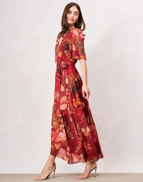 Hope & Ivy The ashley flutter sleeve maxi wrap dress with tie waist in burgundy - view 1
