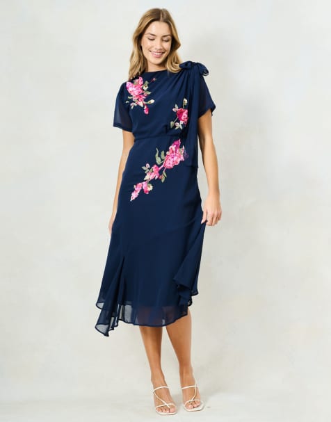Hope & Ivy The aubree embellished slash neck midi dress with bow shoulder detail in navy - view 1