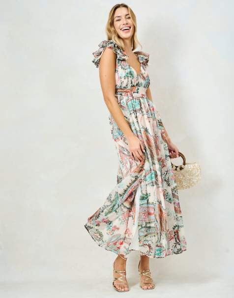 Hope & Ivy The aura printed ruffle shoulder maxi dress with ruched bodice and thigh slits in cream multi - view 1