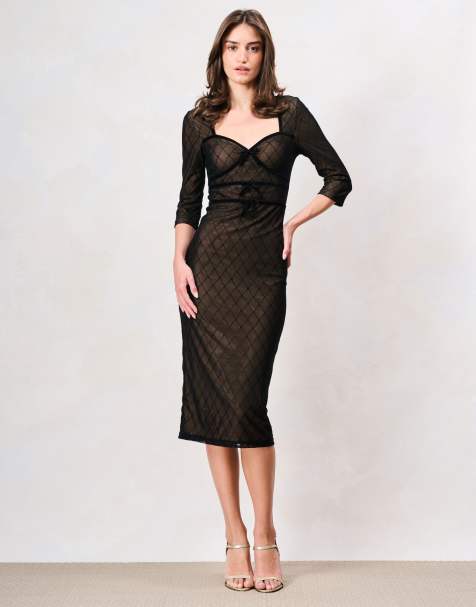 Hope & Ivy The bethenny mesh midi pencil dress with front bow detailing in black