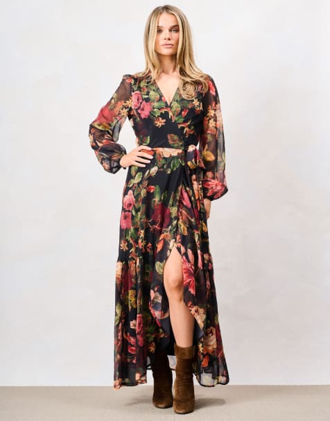 Hope & Ivy The betty blouson sleeve maxi wrap dress with tie waist in black multi - view 1