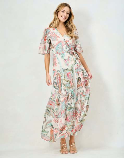 Hope & Ivy The blanche flutter sleeve maxi wrap dress with tie waist in cream multi