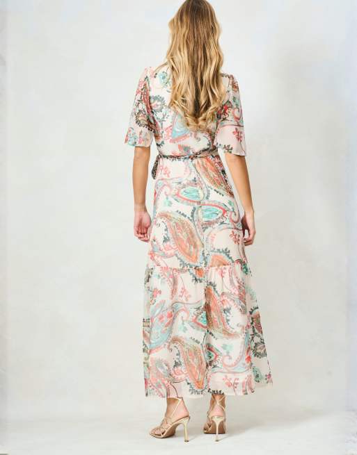 Hope & Ivy The blanche flutter sleeve maxi wrap dress with tie waist in cream multi, 2 of 5