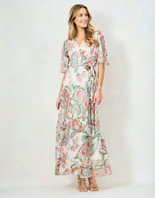 Hope & Ivy The blanche flutter sleeve maxi wrap dress with tie waist in cream multi, 4 of 5