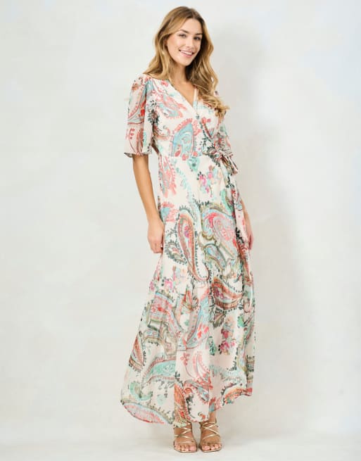 Hope & Ivy The blanche flutter sleeve maxi wrap dress with tie waist in cream multi, 5 of 5