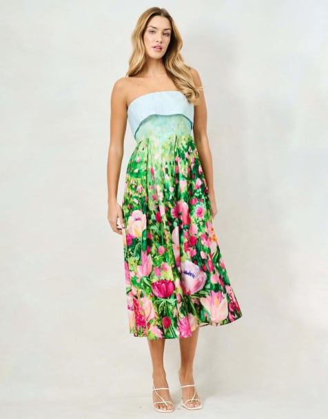 Hope & Ivy The bloom printed bandeau midi dress in blue green pink - view 1