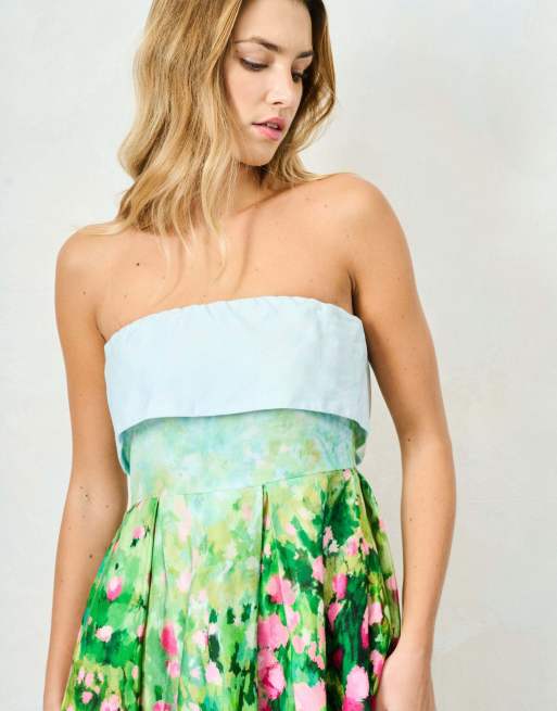 Hope & Ivy The bloom printed bandeau midi dress in blue green pink, 3 of 4