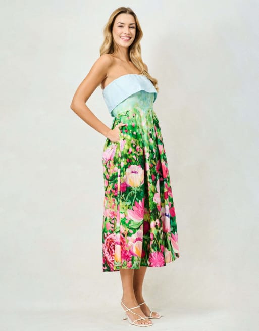 Hope & Ivy The bloom printed bandeau midi dress in blue green pink, 4 of 4