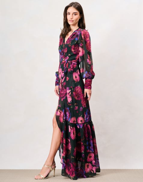 Hope & Ivy The carol blouson sleeve printed wrap maxi dress in black purple multi - view 1