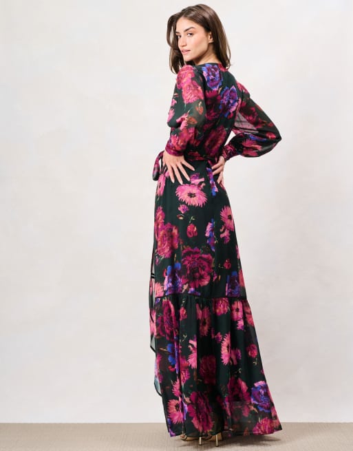 Hope & Ivy The carol blouson sleeve printed wrap maxi dress in black purple multi, 2 of 6