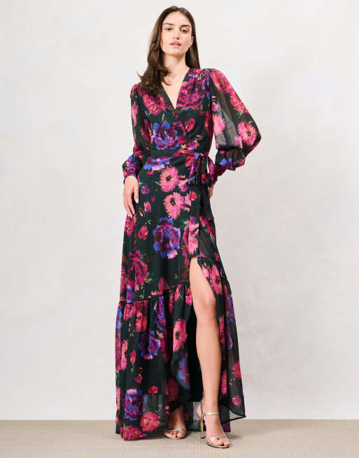 Hope & Ivy The carol blouson sleeve printed wrap maxi dress in black purple multi, 4 of 6