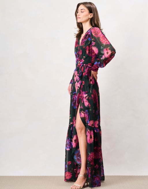 Hope & Ivy The carol blouson sleeve printed wrap maxi dress in black purple multi, 5 of 6