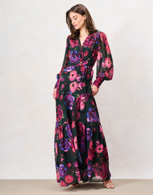 Hope & Ivy The carol blouson sleeve printed wrap maxi dress in black purple multi, 6 of 6