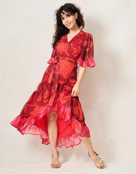 Hope & Ivy The celestine petite contrast frill maxi wrap dress with tie waist in orange, pink, burgundy multi - view 1