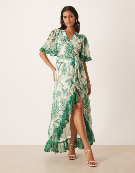 Hope & Ivy The clarissa contrast print frill sleeve maxi wrap dress with tie waist in green and white - view 1