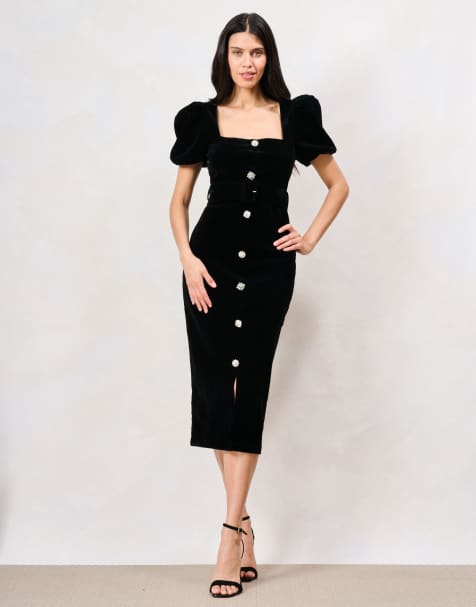 Hope & Ivy The dorinda puff sleeve button front velvet midi pencil dress in black - view 1