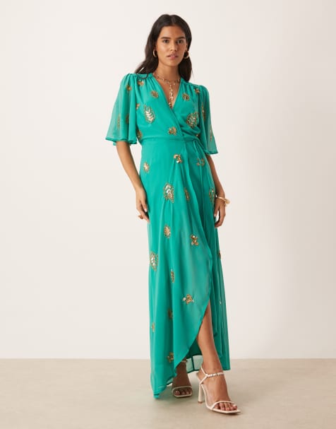 Hope & Ivy The emmeline embellished flutter sleeve maxi wrap dress with tie waist in green