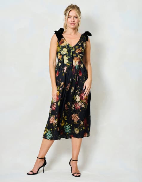 Hope & Ivy The esmerelda v-neck floral corset midi dress with velvet shoulder bows in black multi - view 1