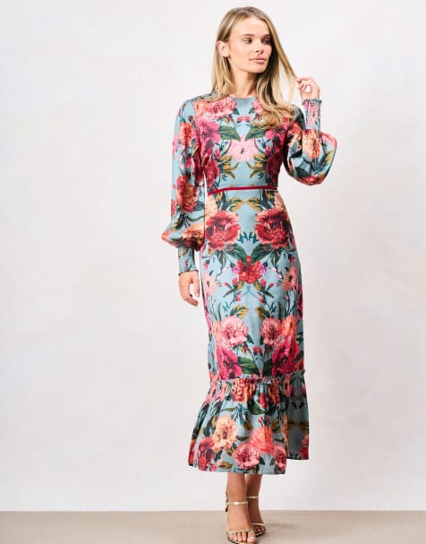 Hope & Ivy The fawn blouson sleeve high neck maxi dress with bow back in teal pink multi