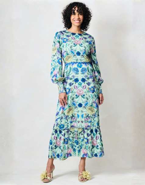 Hope & Ivy The forest high neck maxi dress with bow back in green blue multi - view 1